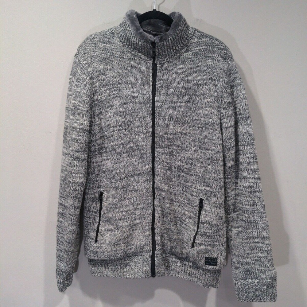 Buffalo By David Button Mens Knit Full Zip Faux Fur Lined Sweater Size L Gray